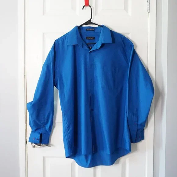 green emerald velvet dress Pierre Cardin Men's Slim Fit Solid Broadcloth Semi Spread Collar Shirt, ice  blue, 14